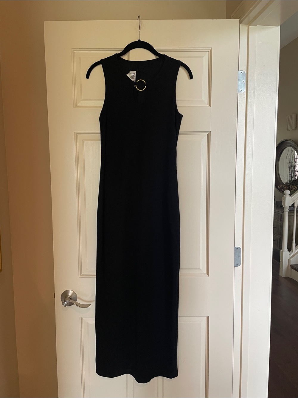 Sleek Black Sleeveless Maxi Dress with Metal Ring Detail
